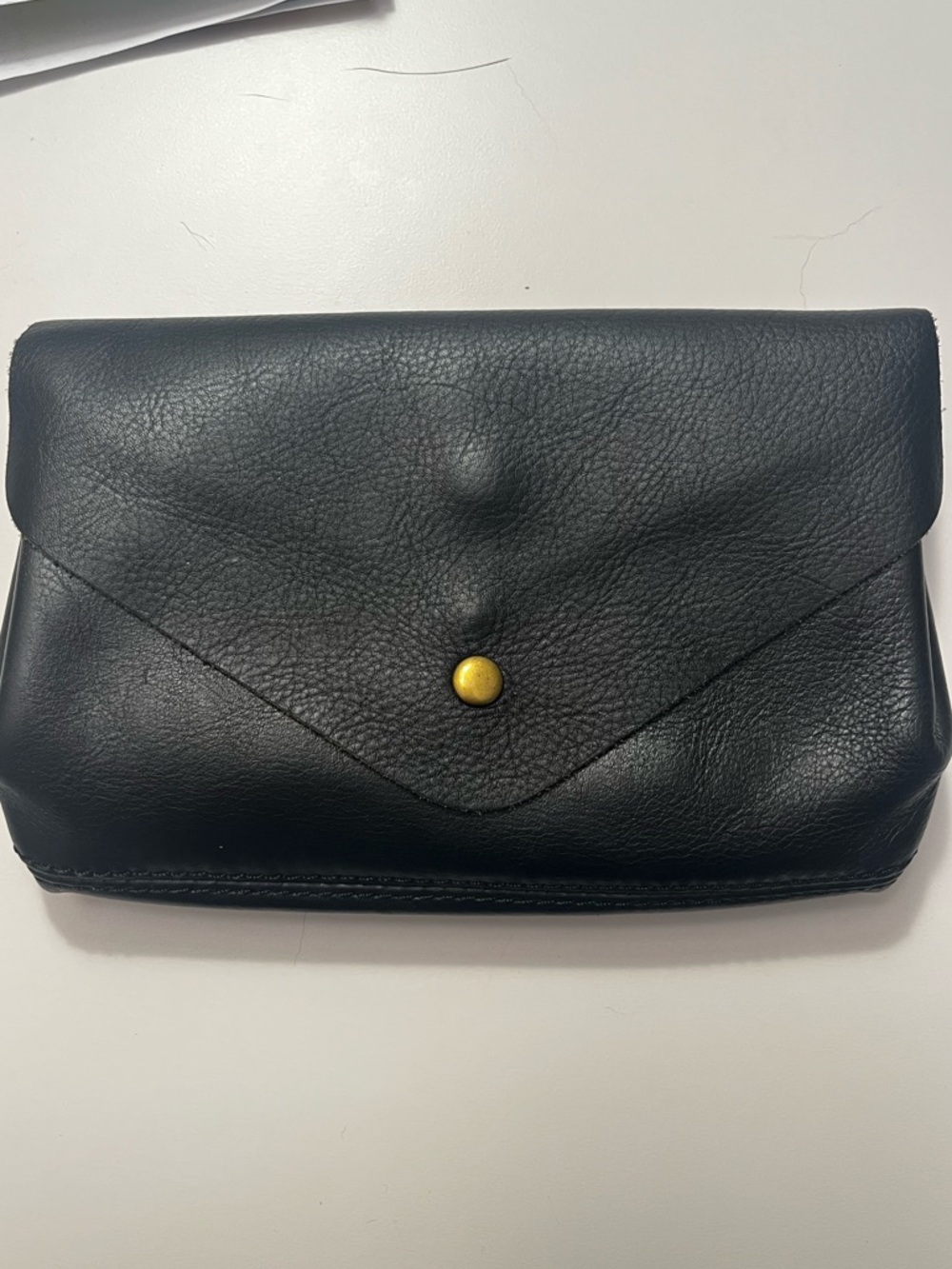 Classic Black Leather Envelope Clutch with Gold Button